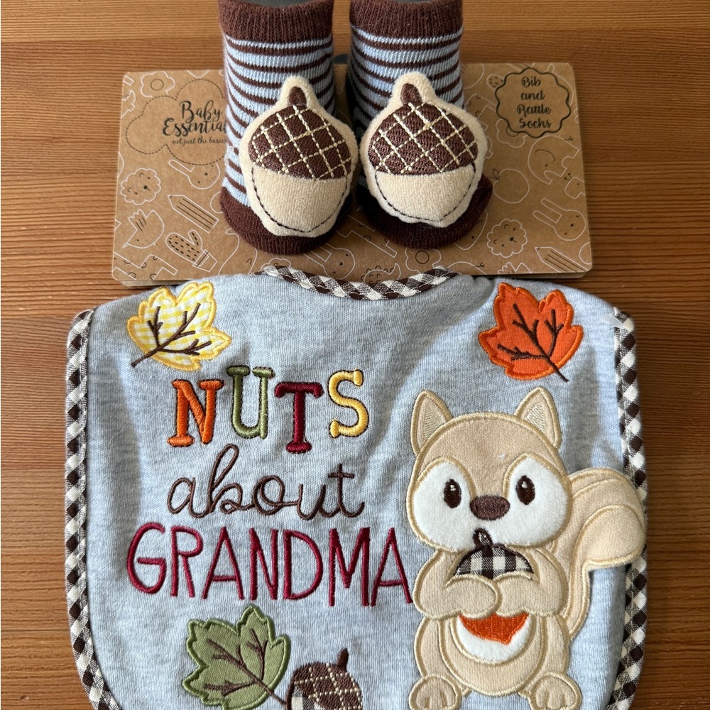 Fall Bib and Booties Set - Gray, Brown, Red (grandma)
